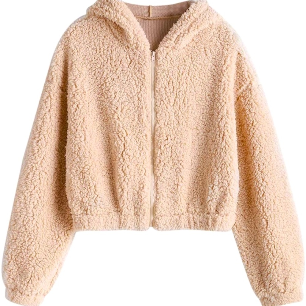 Zaful Fuzzy Sherpa Cropped Full Zip Sweatshirt
